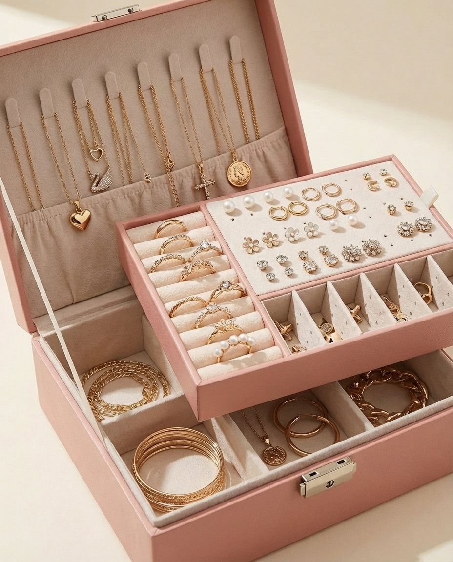Double-Layer Leather Jewellery Box | Lockable Organiser