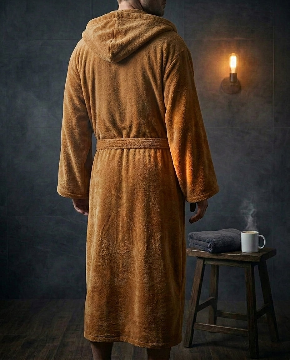 Men's Flannel Hooded Robe | Long Warm Bathrobe