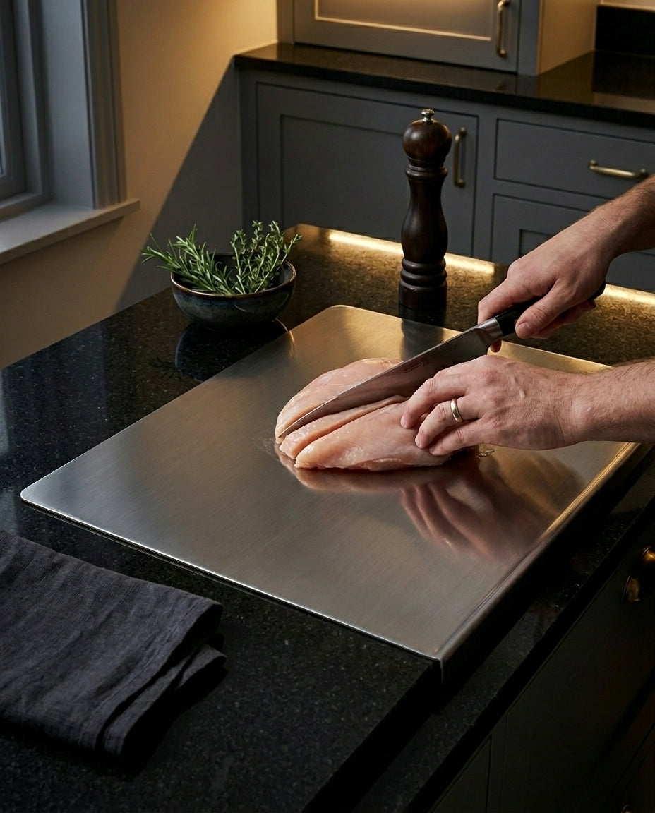 Stainless Steel Cutting Board with Spill Guard – SteelSlice