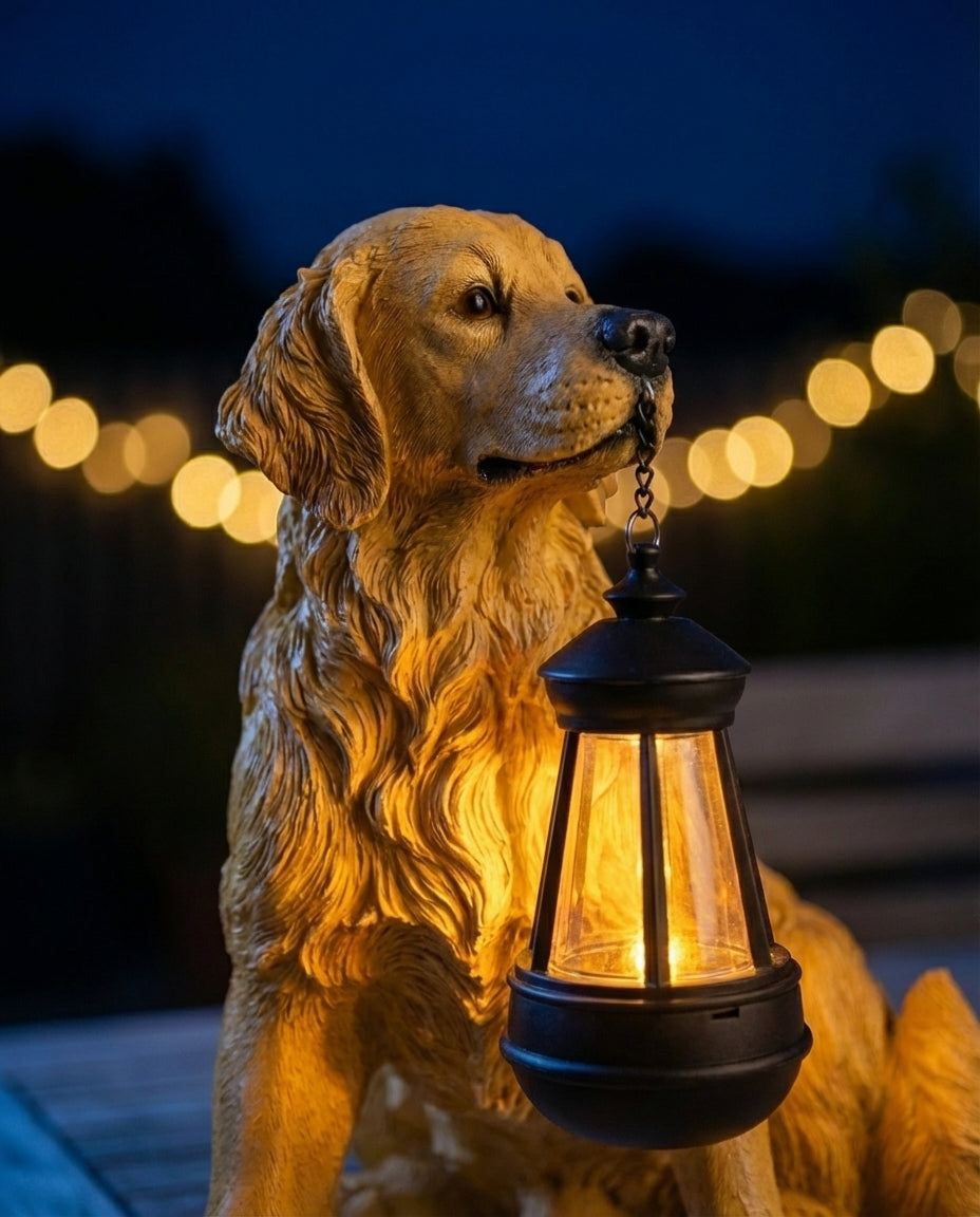 Solar Garden Dog Statue with LED Lantern | Weatherproof
