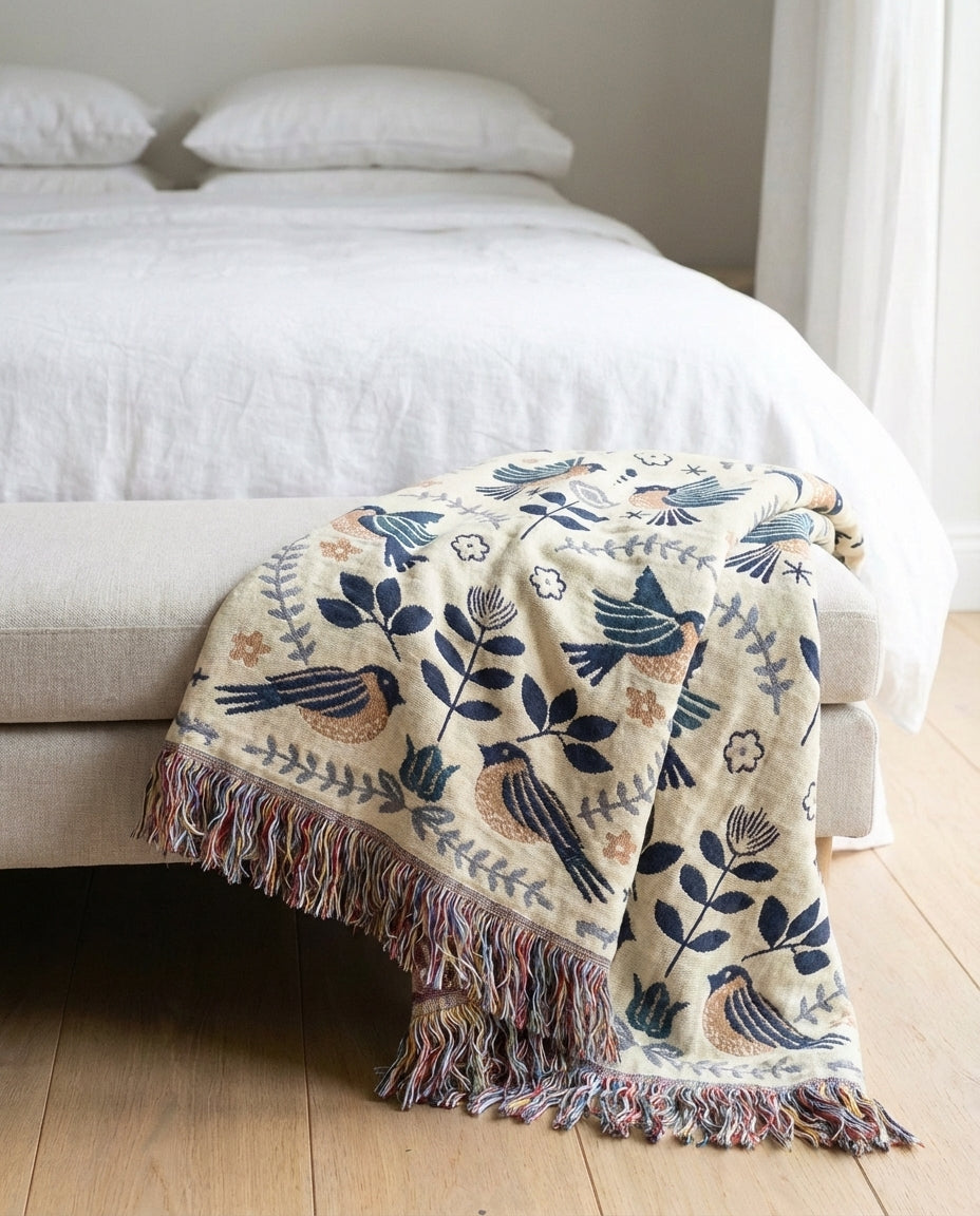 Reversible Scandinavian Throw Blanket | Bird Print