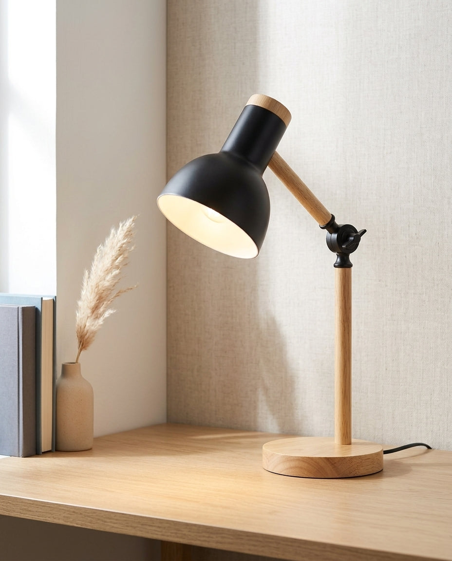Nordic Wood LED Desk Lamp – Adjustable Arm & Touch Dimmer