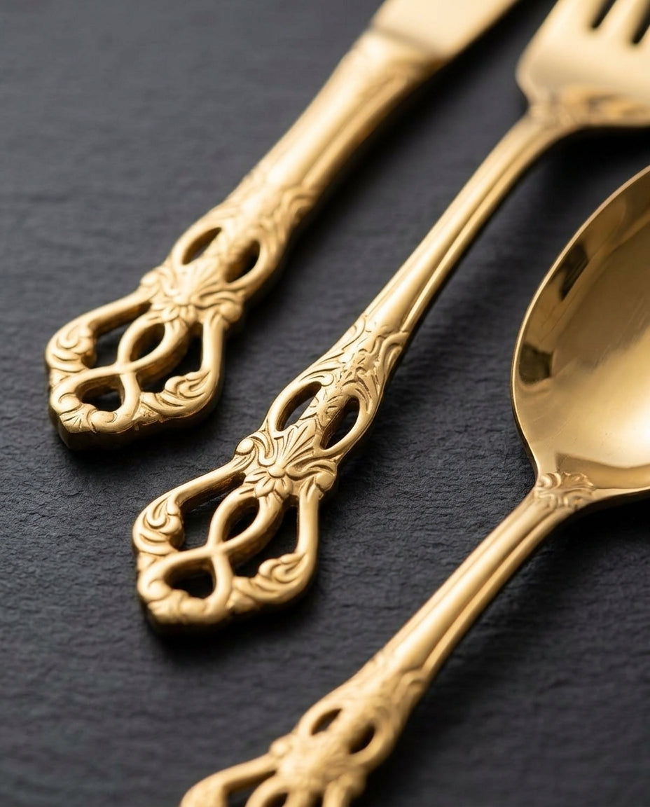 Gold Cutlery Set 24-Piece – Ornate Handle Flatware