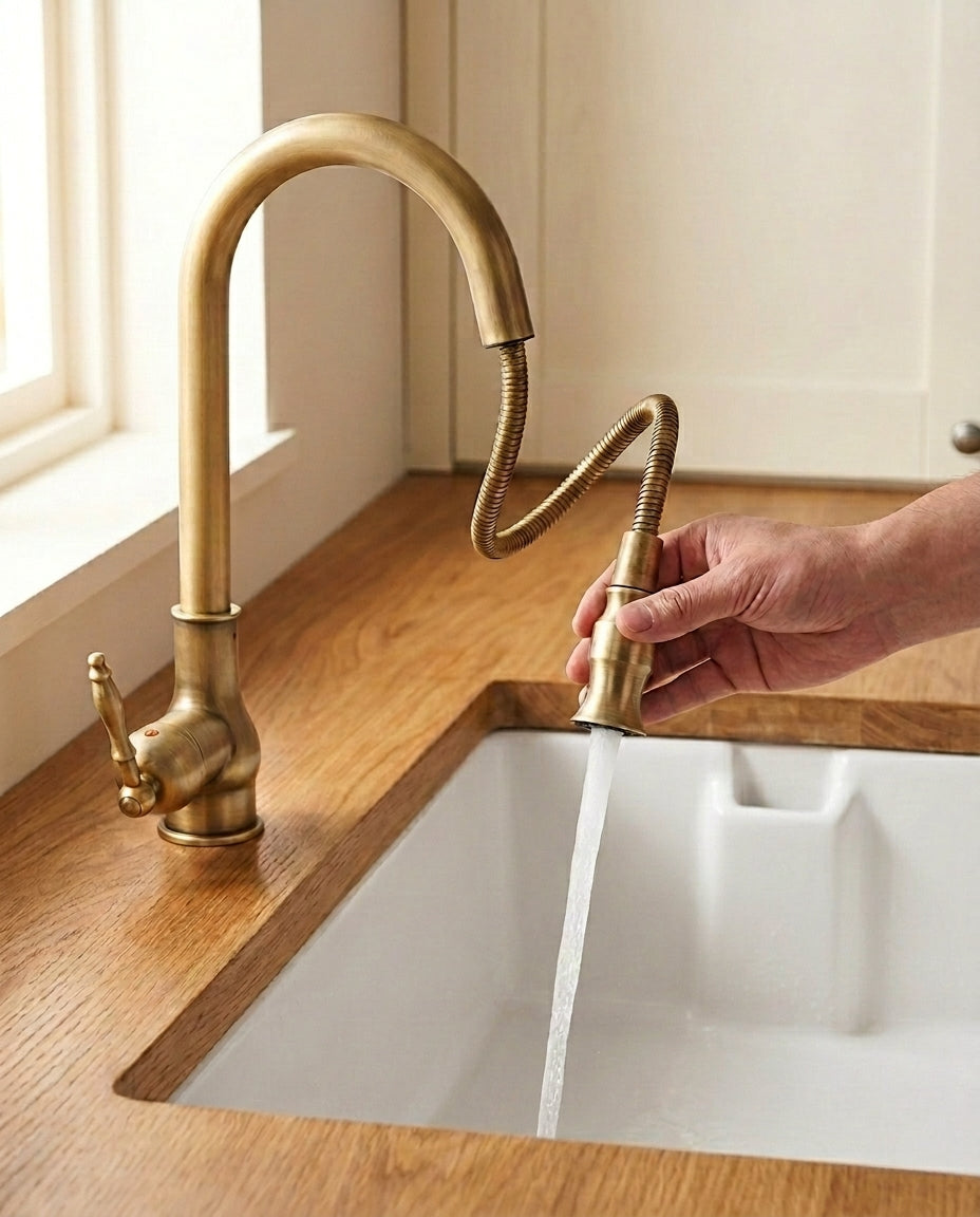 Antique Brass & Matte Black Kitchen Tap | Swivel Spout