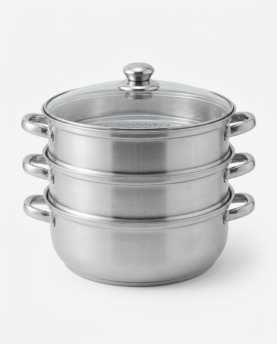 3-Tier Stainless Steel Steamer | Glass Lid & Handles