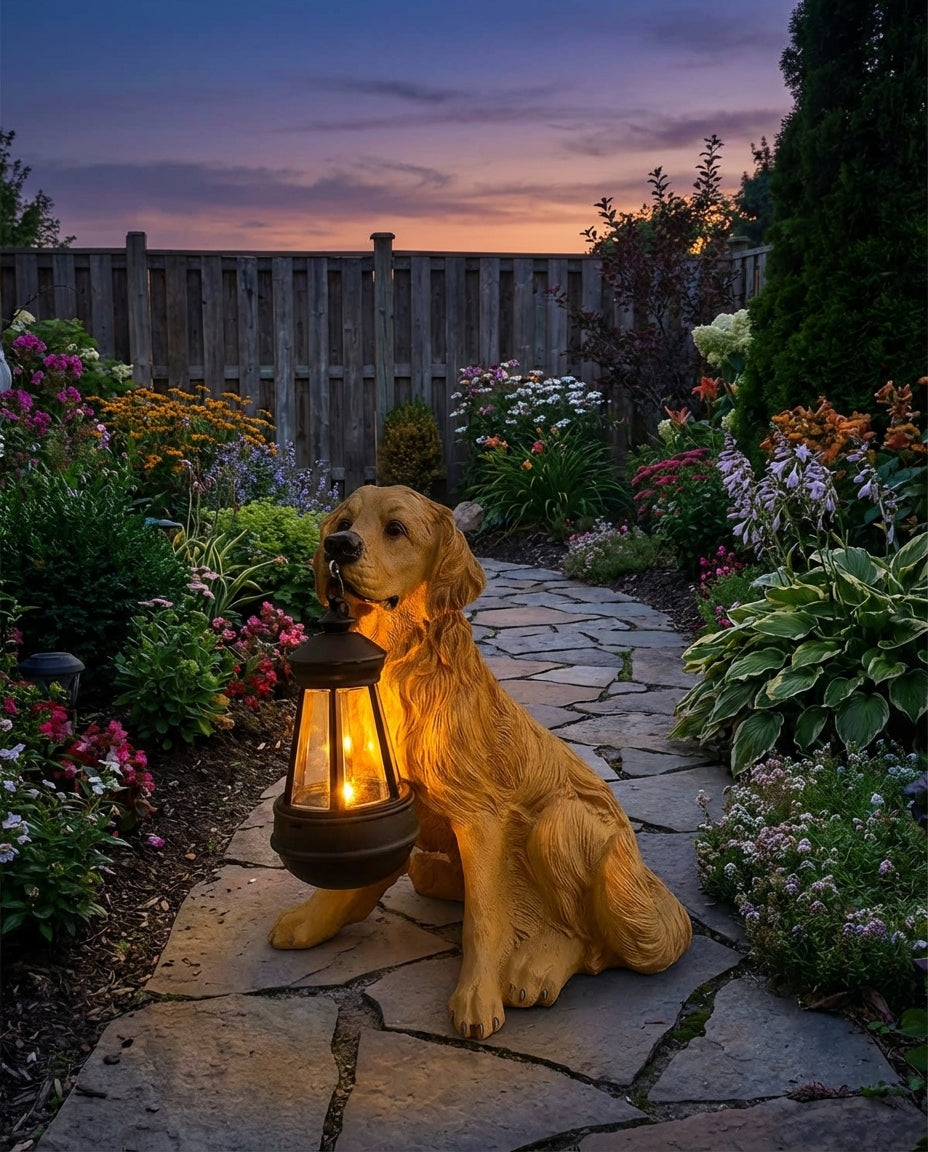 Solar Garden Dog Statue with LED Lantern | Weatherproof