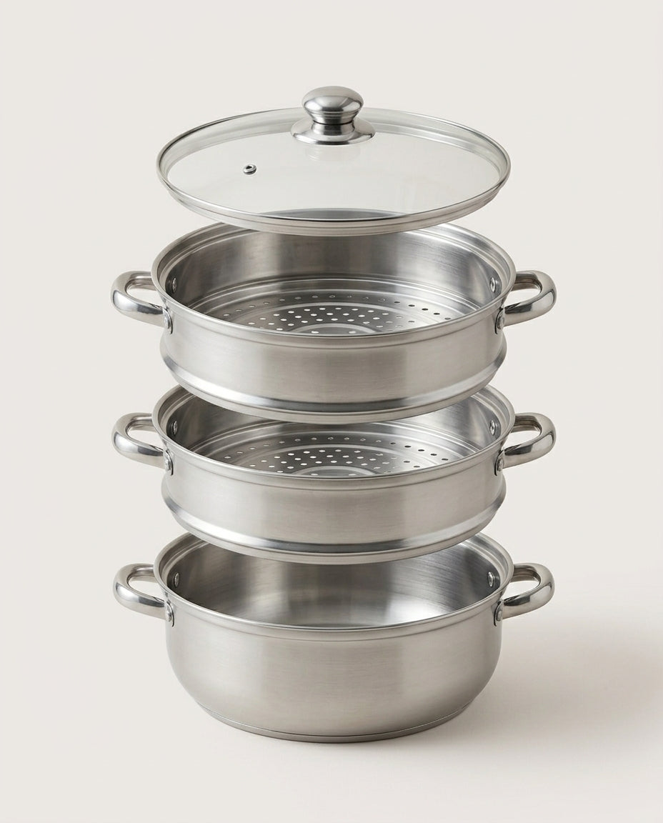 3-Tier Stainless Steel Steamer | Glass Lid & Handles