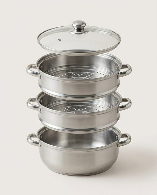 3-Tier Stainless Steel Steamer | Glass Lid & Handles