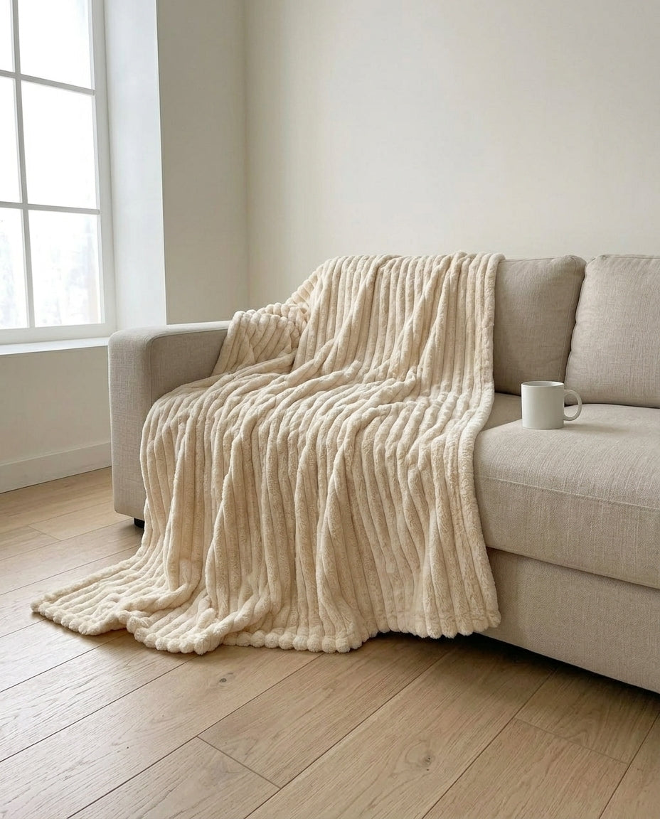 Faux Rabbit Fur Striped Throw Blanket | Soft & Warm