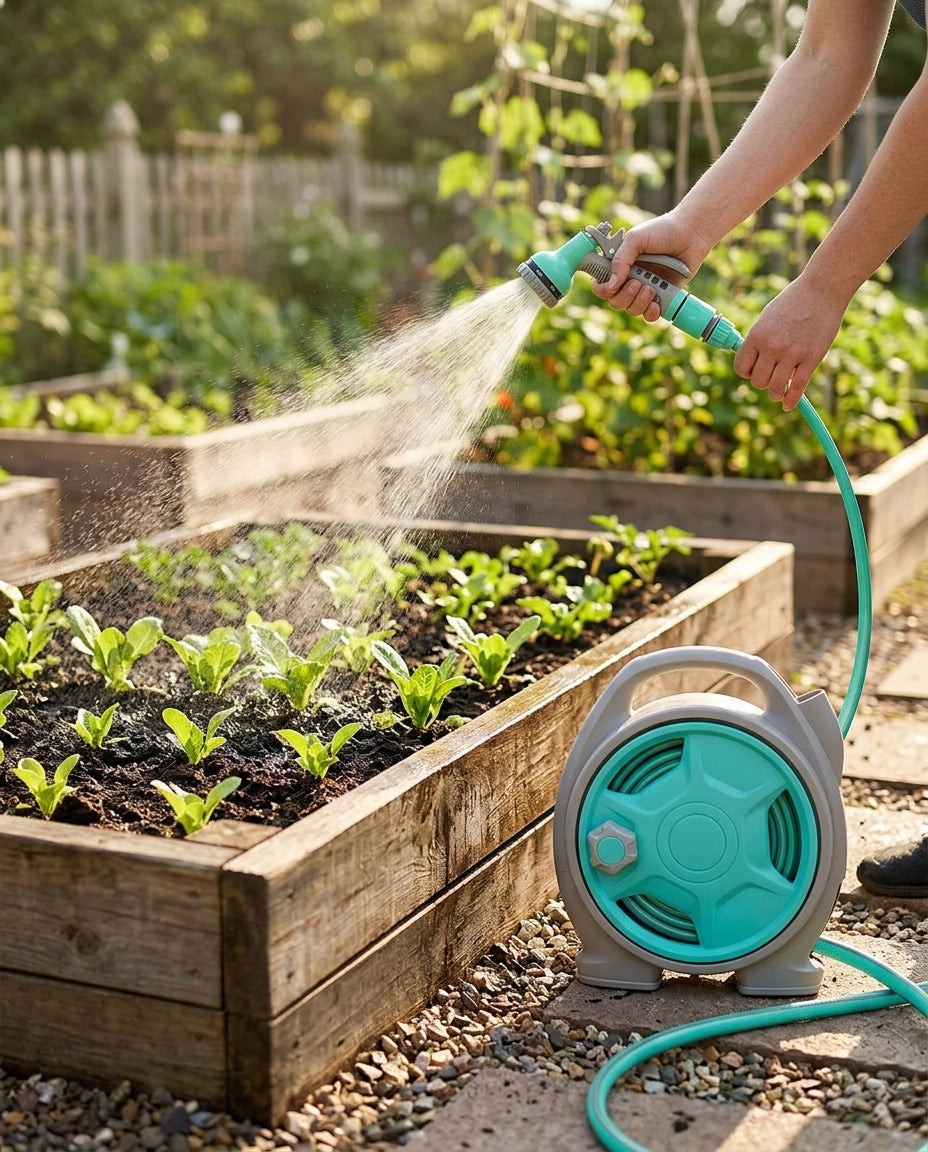 Compact Hose Reel Cart with Spray Nozzle | Garden Watering