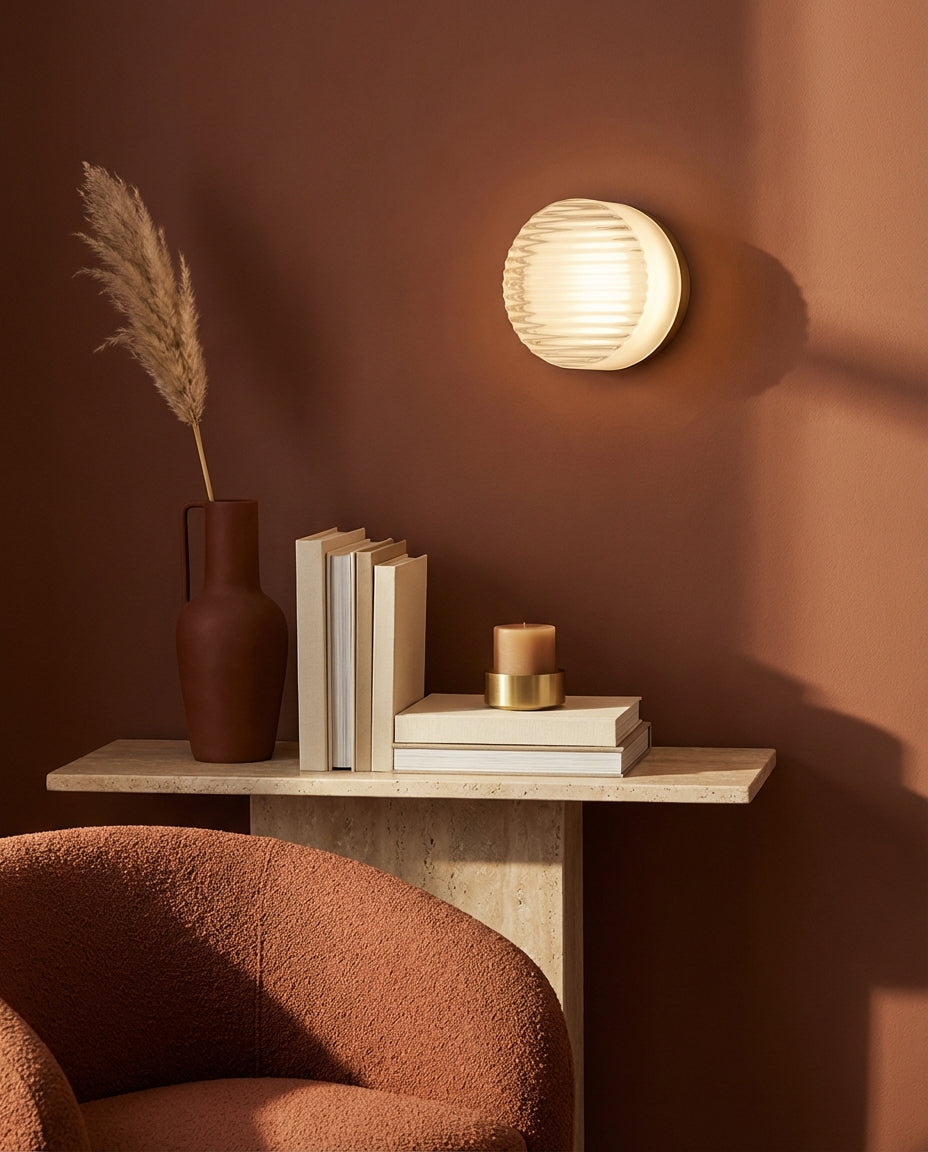 Round Glass Wall Light Sconce – Ribbed LED Lamp