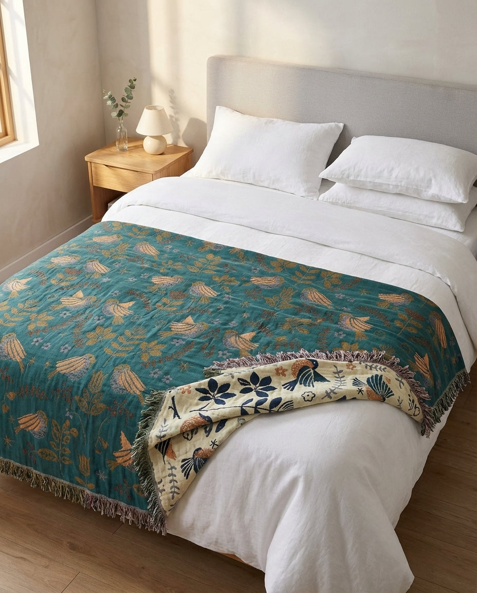 Reversible Scandinavian Throw Blanket | Bird Print