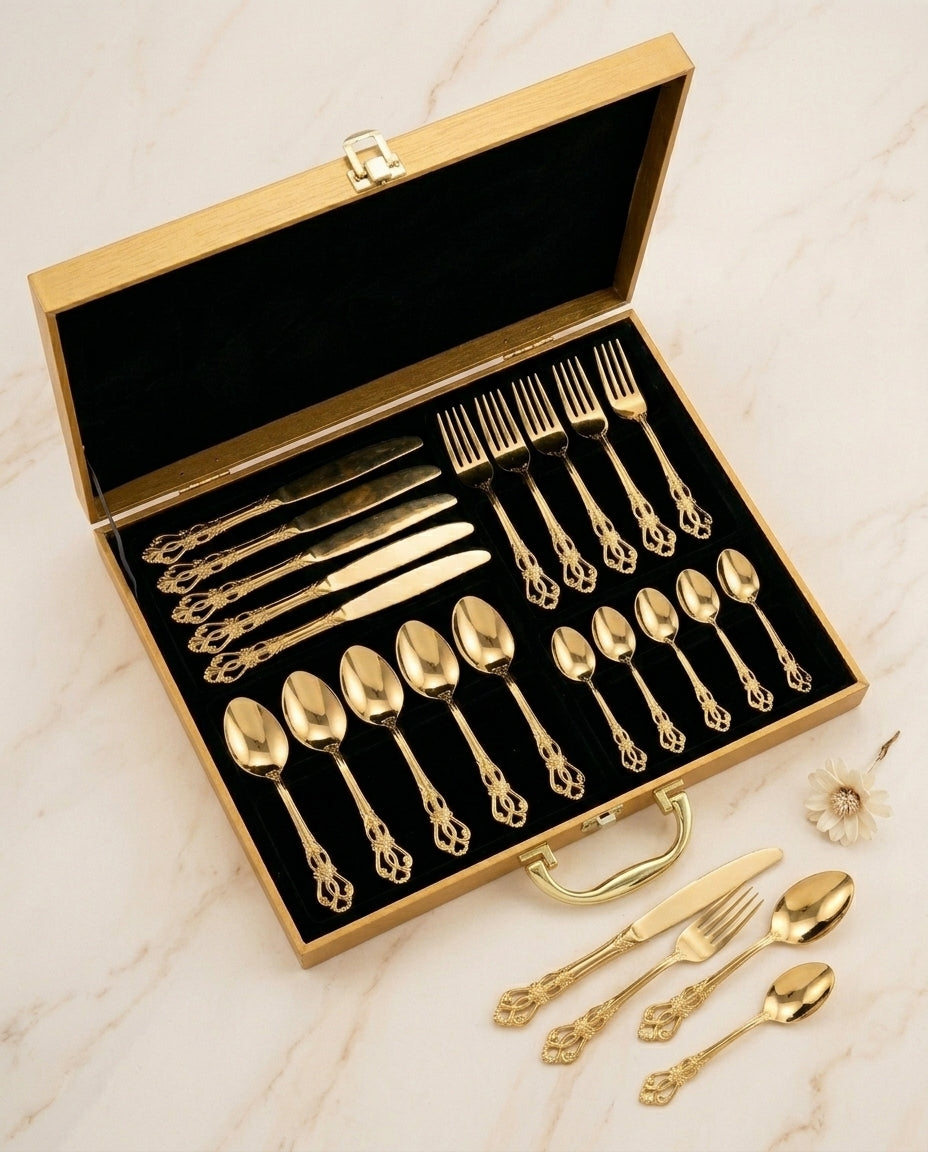 Gold Cutlery Set 24-Piece – Ornate Handle Flatware