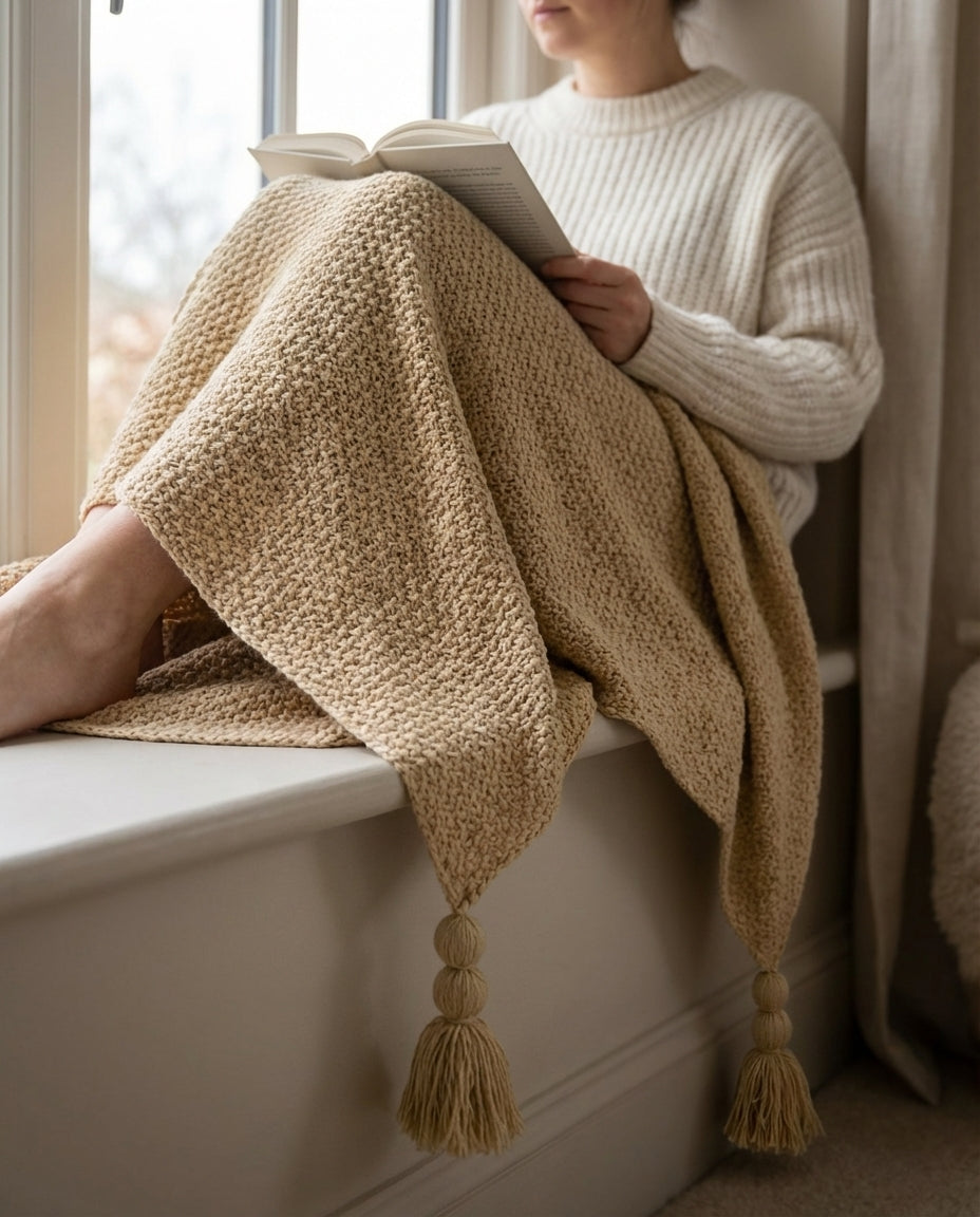 Wool Knit Throw Blanket with Tassels | Nordic Warmth