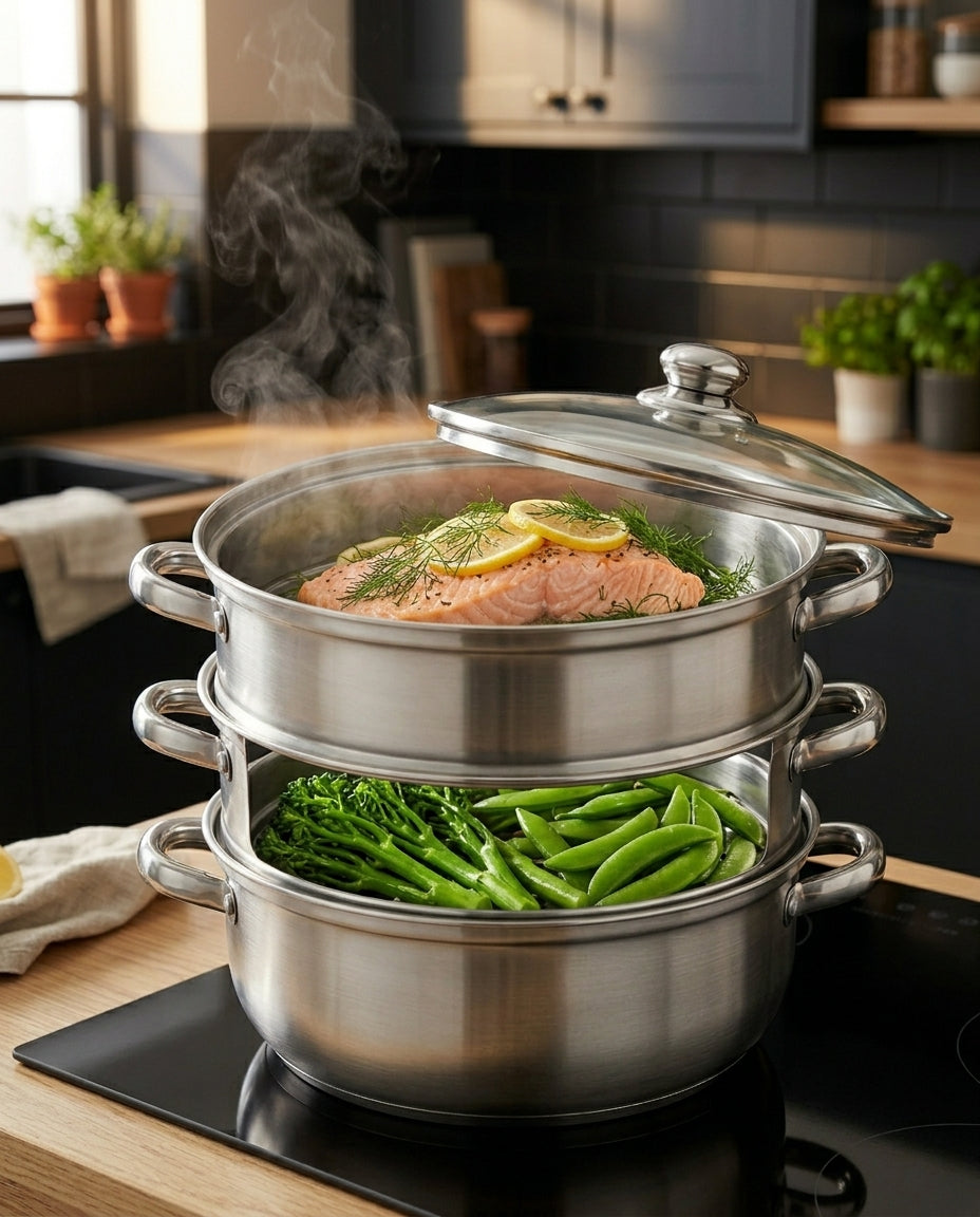 3-Tier Stainless Steel Steamer | Glass Lid & Handles