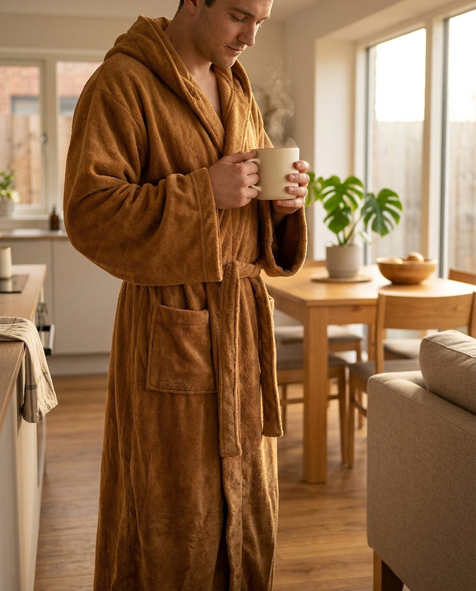 Men's Flannel Hooded Robe | Long Warm Bathrobe
