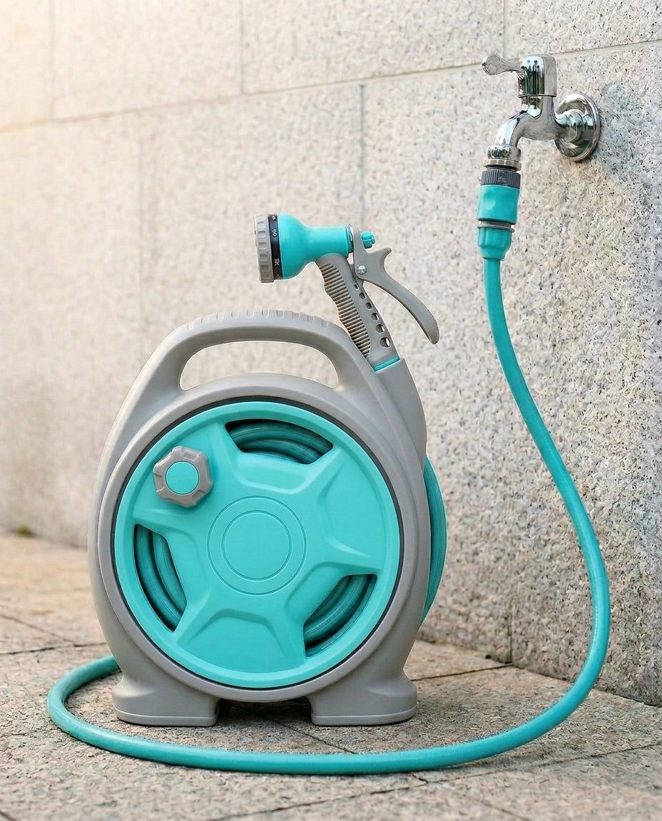Compact Hose Reel Cart with Spray Nozzle | Garden Watering