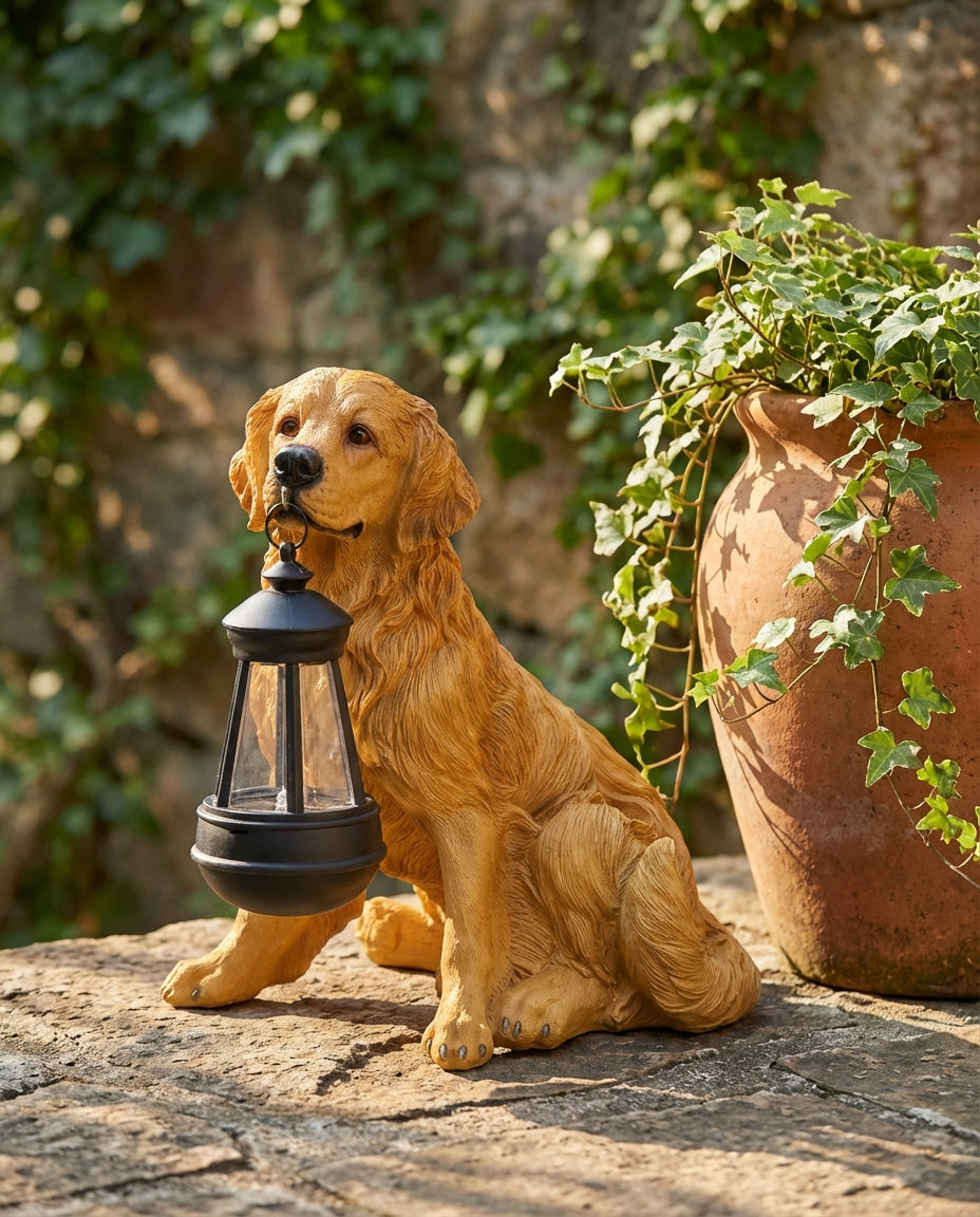 Solar Garden Dog Statue with LED Lantern | Weatherproof