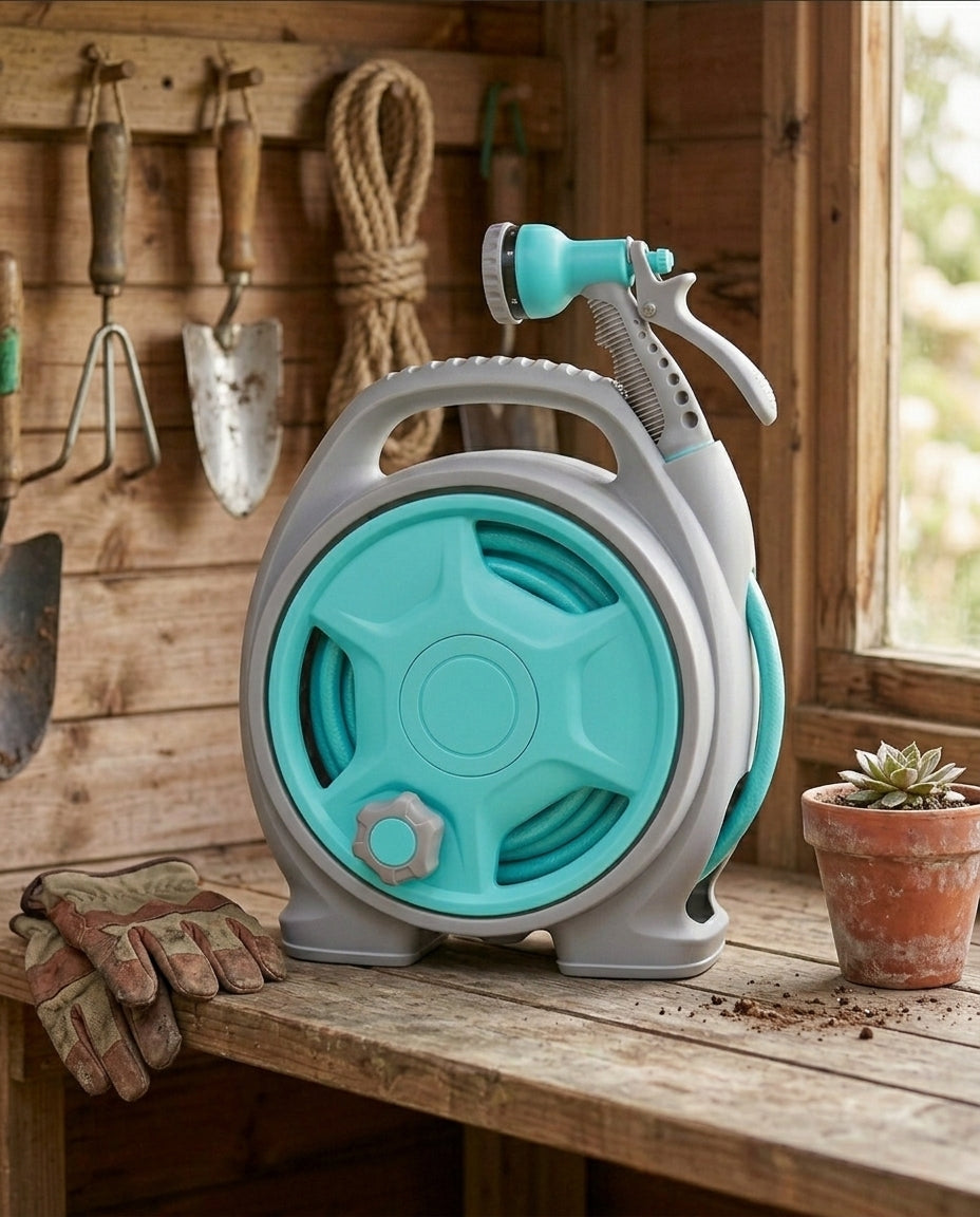 Compact Hose Reel Cart with Spray Nozzle | Garden Watering