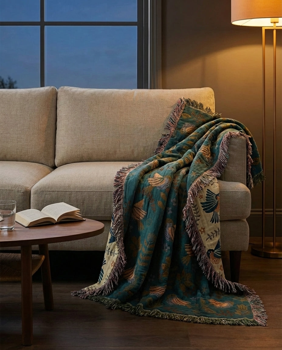 Reversible Scandinavian Throw Blanket | Bird Print