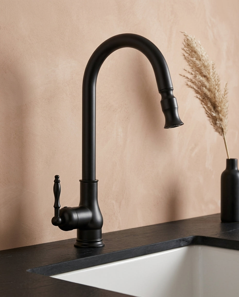 Antique Brass & Matte Black Kitchen Tap | Swivel Spout