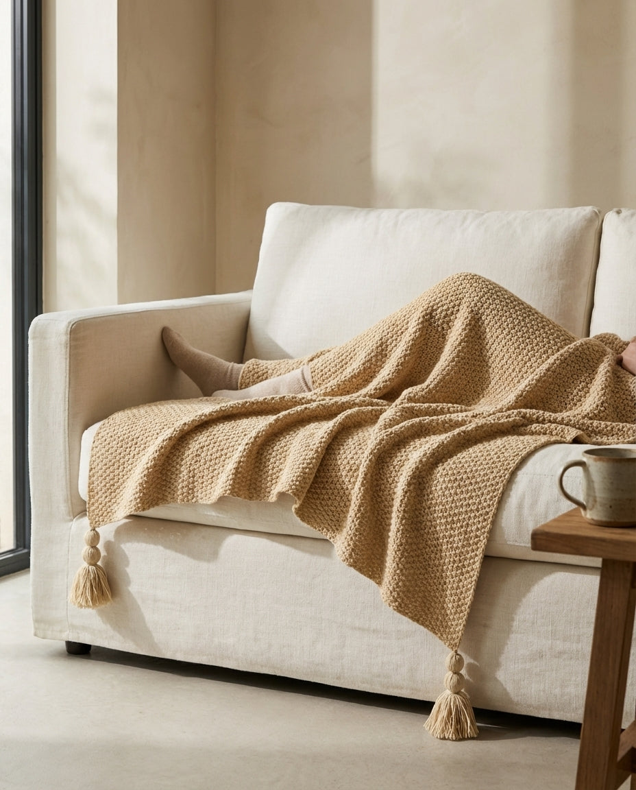 Wool Knit Throw Blanket with Tassels | Nordic Warmth
