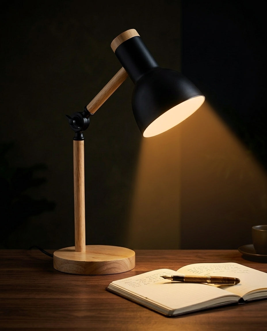Nordic Wood LED Desk Lamp – Adjustable Arm & Touch Dimmer