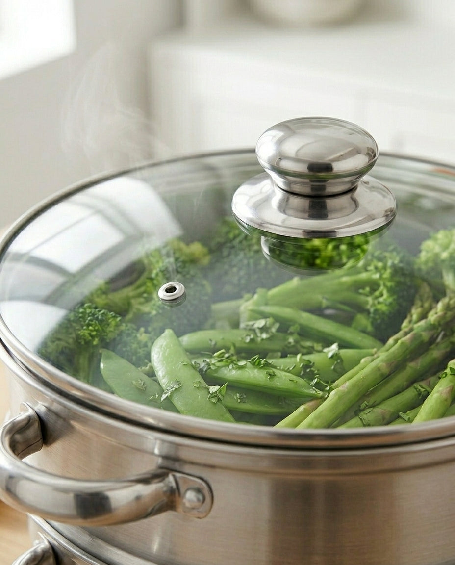 3-Tier Stainless Steel Steamer | Glass Lid & Handles