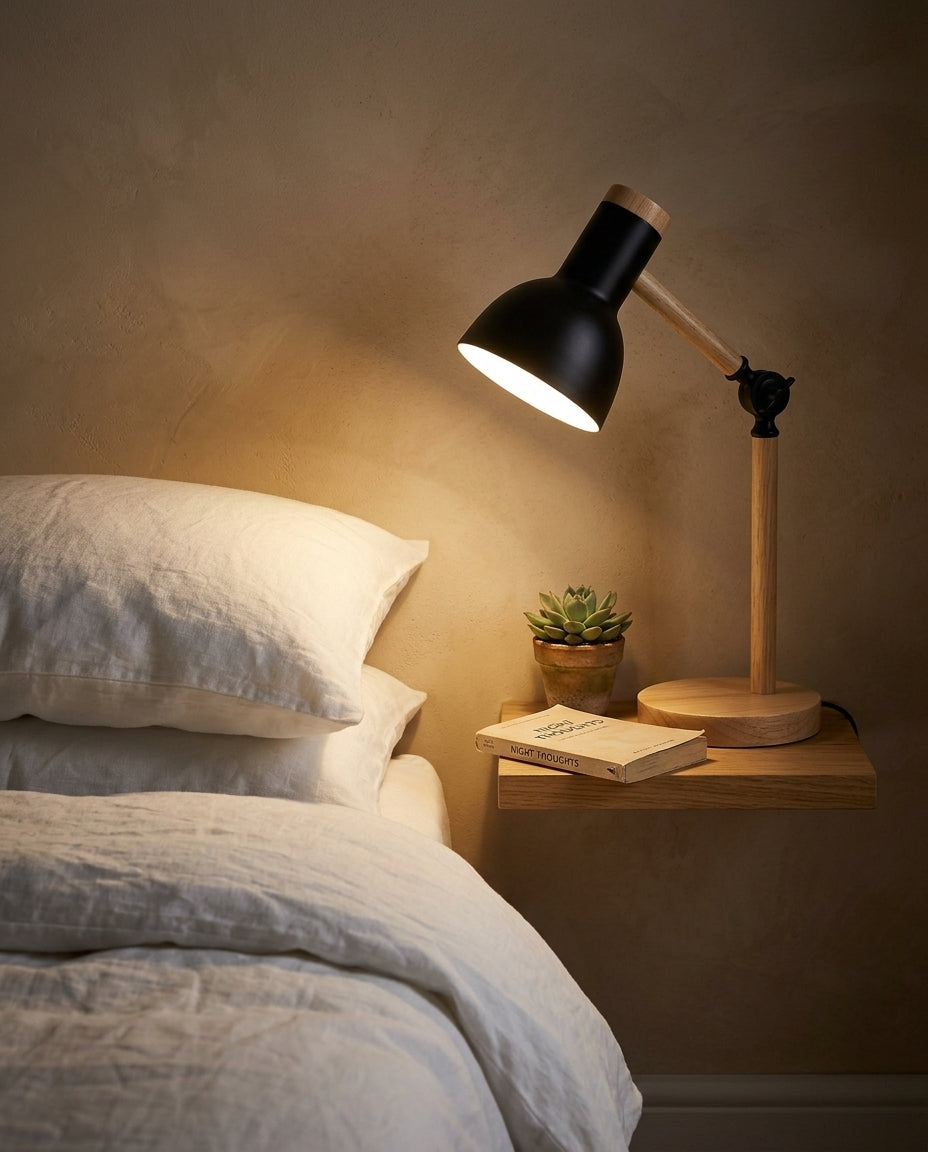 Nordic Wood LED Desk Lamp – Adjustable Arm & Touch Dimmer
