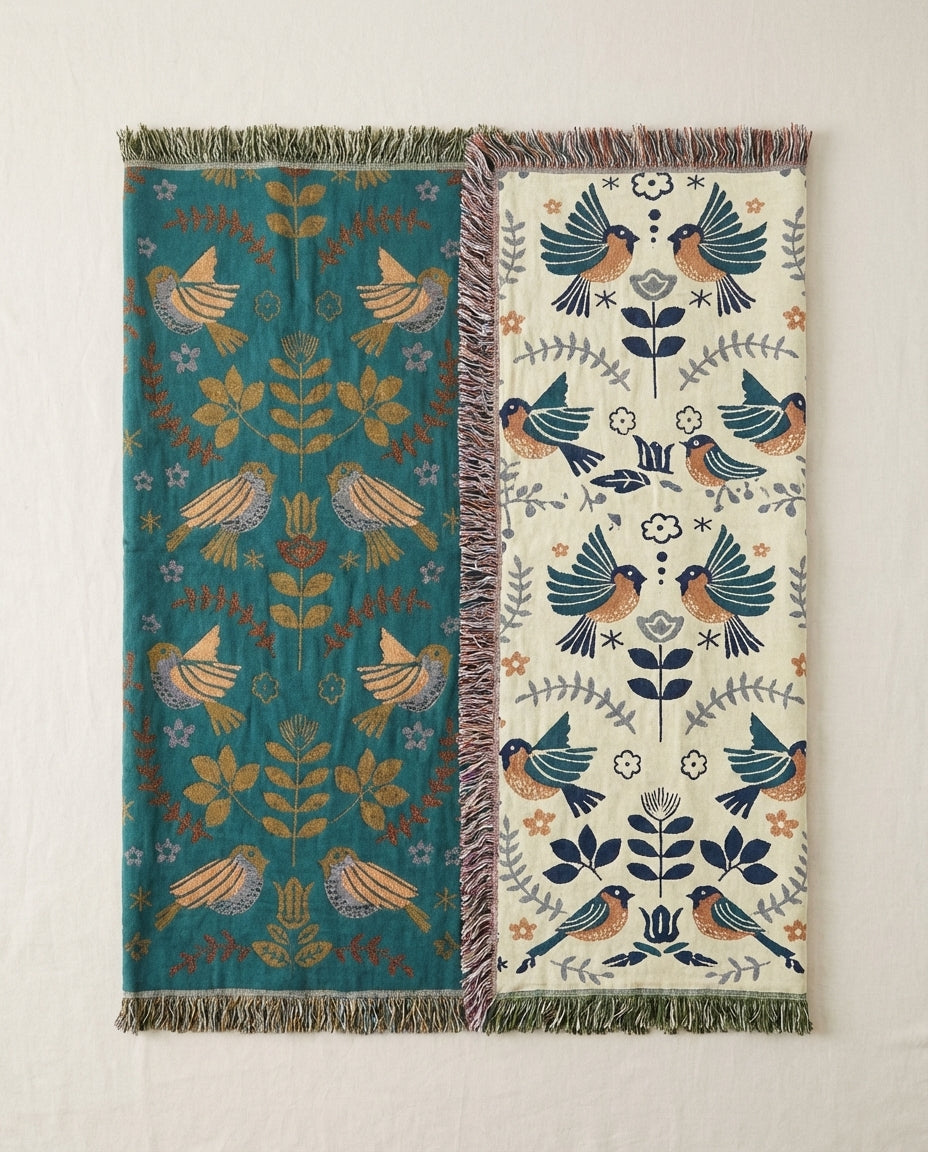 Reversible Scandinavian Throw Blanket | Bird Print