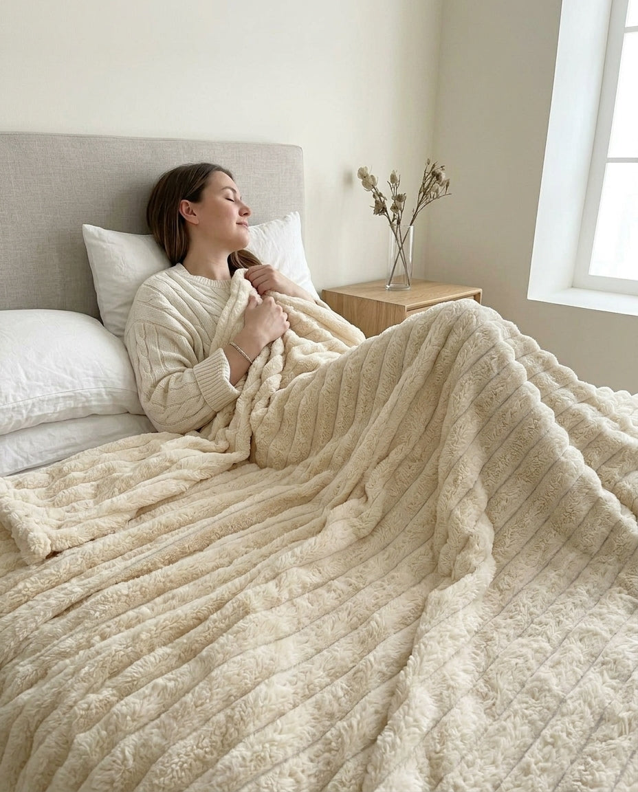 Faux Rabbit Fur Striped Throw Blanket | Soft & Warm