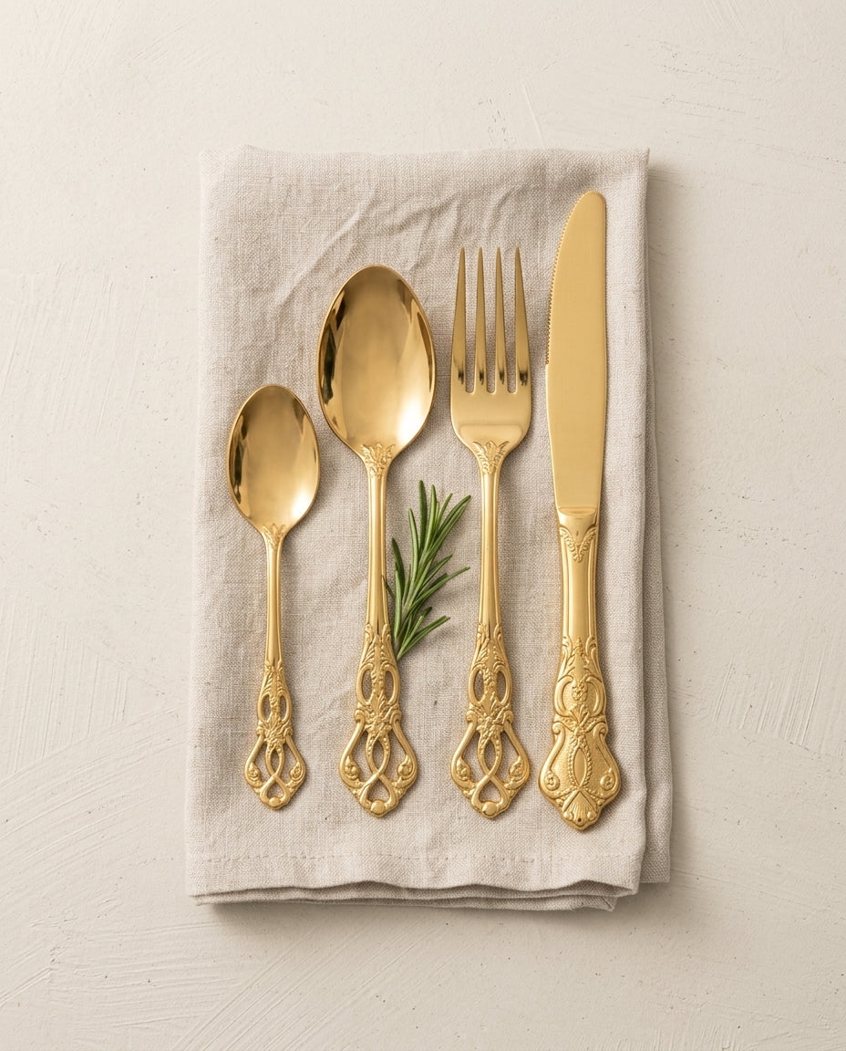 Gold Cutlery Set 24-Piece – Ornate Handle Flatware