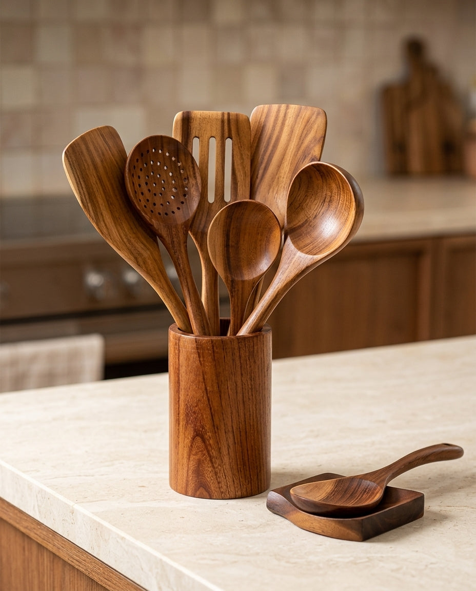 Wooden Kitchen Utensil Set – 9-Piece Teak Cook's Collection