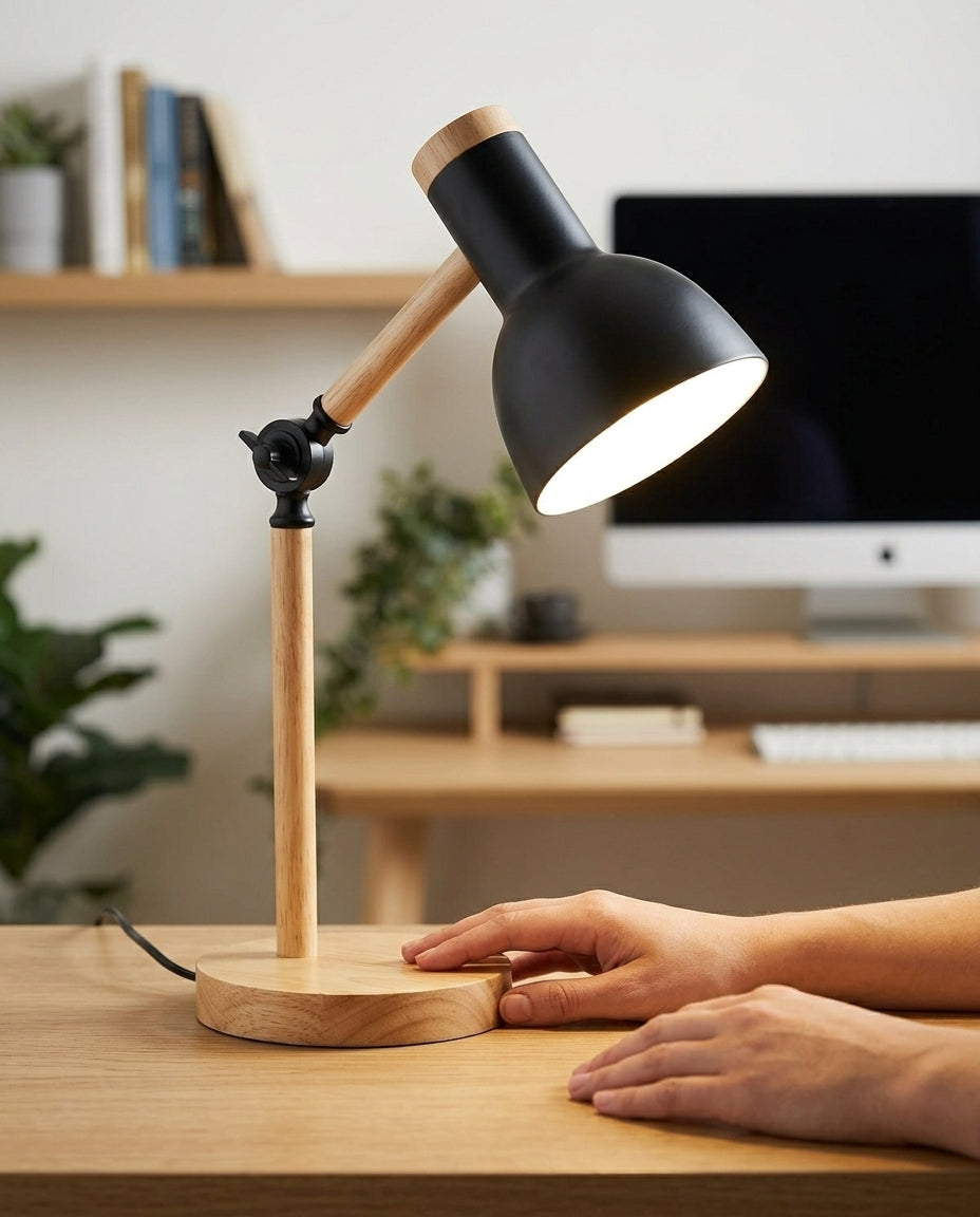 Nordic Wood LED Desk Lamp – Adjustable Arm & Touch Dimmer
