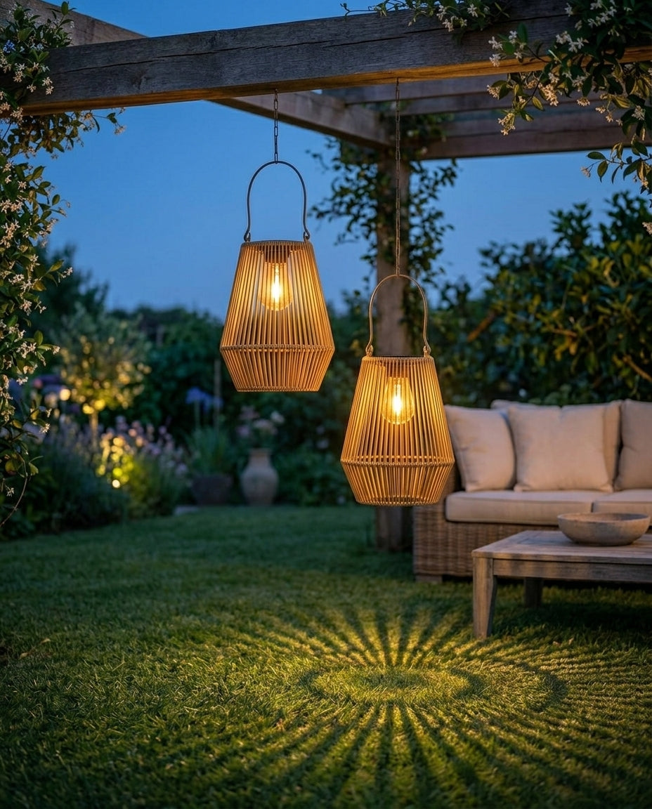 Solar Rattan Garden Lantern | Handwoven Outdoor Light