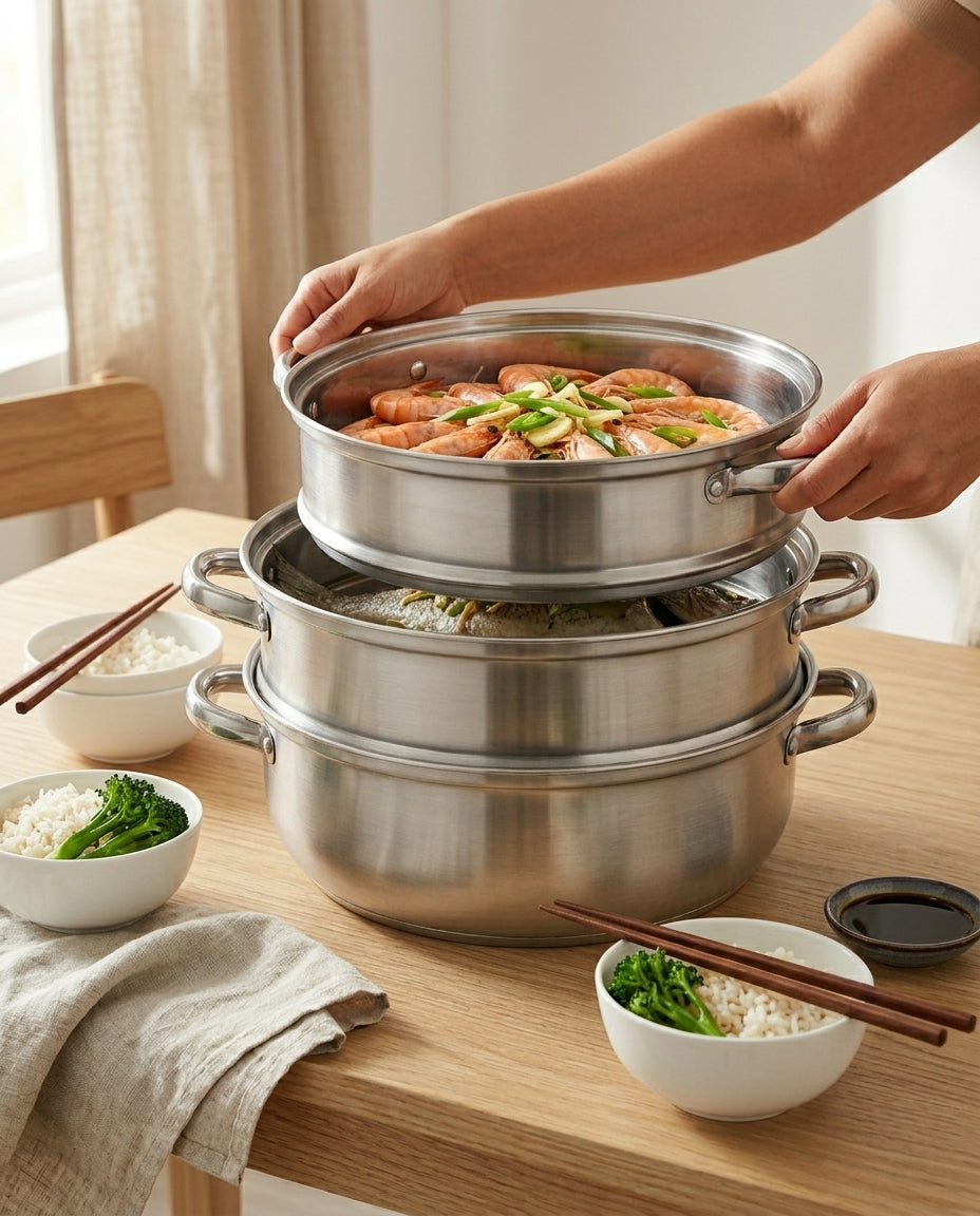 3-Tier Stainless Steel Steamer | Glass Lid & Handles