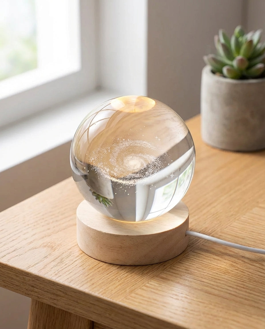 3D Crystal Sphere Lamp | Laser-Engraved Space Night Light