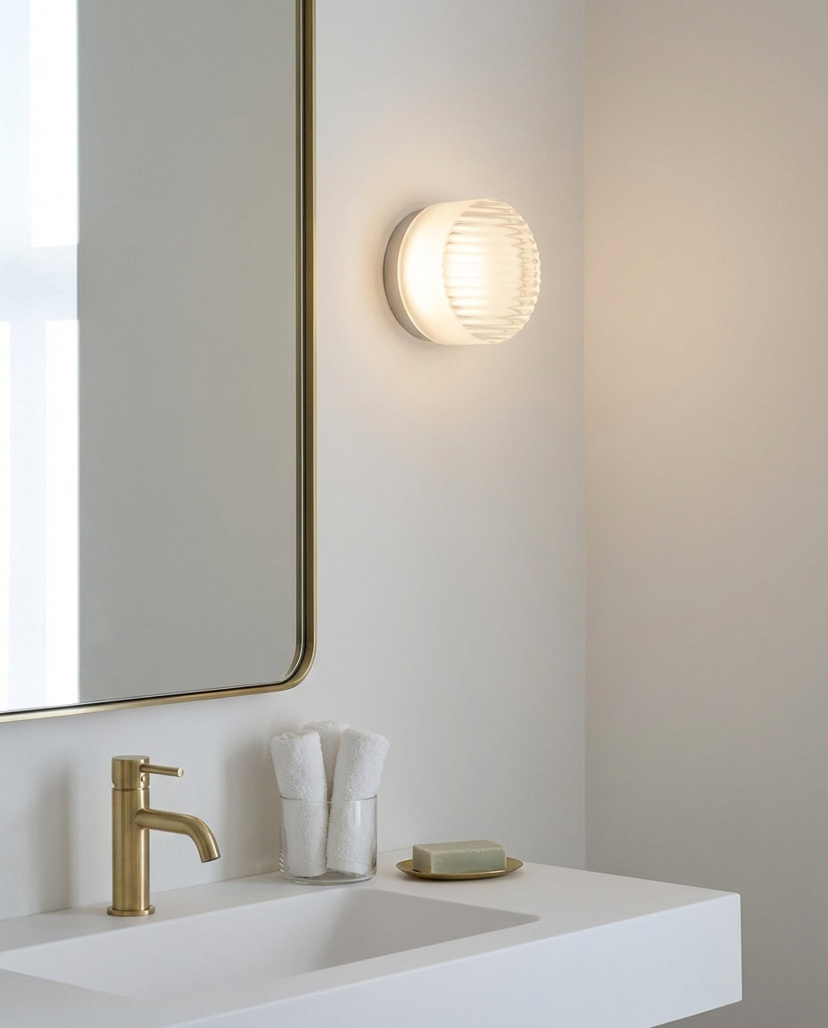 Round Glass Wall Light Sconce – Ribbed LED Lamp