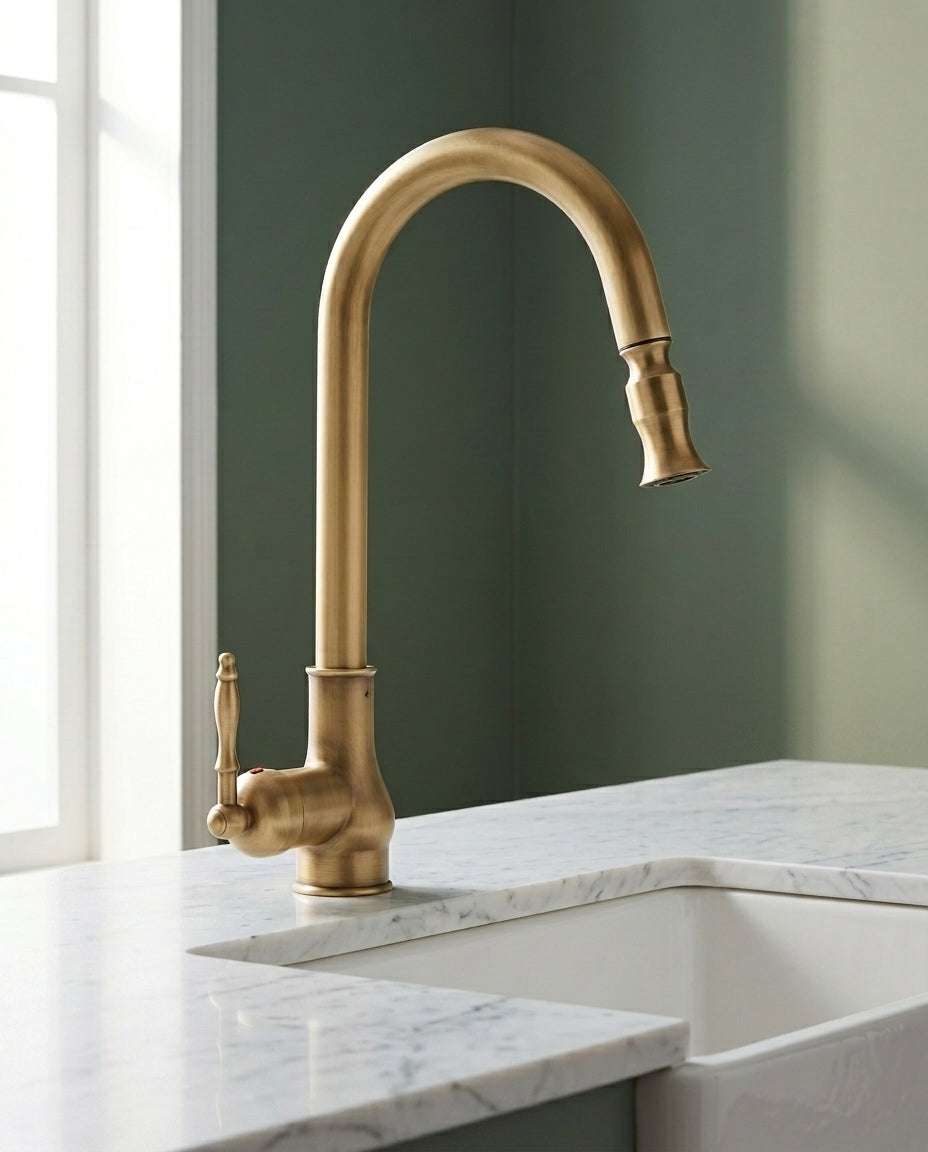 Antique Brass & Matte Black Kitchen Tap | Swivel Spout