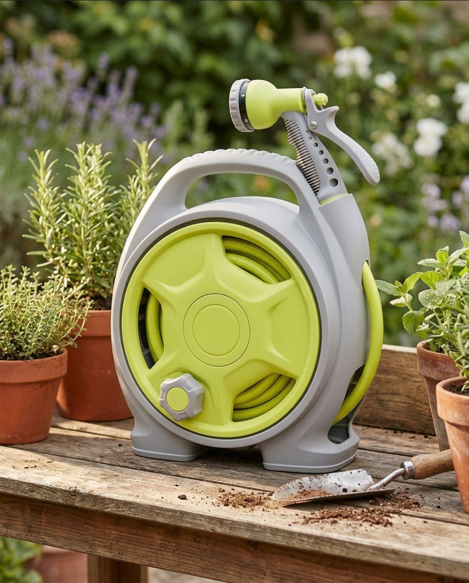 Compact Hose Reel Cart with Spray Nozzle | Garden Watering