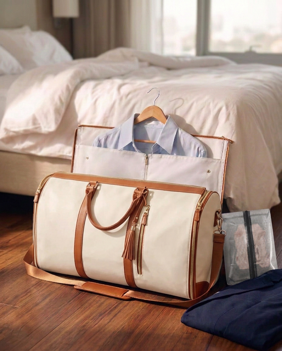 Garment Carry Bag – Foldable PU Leather Weekend Holdall