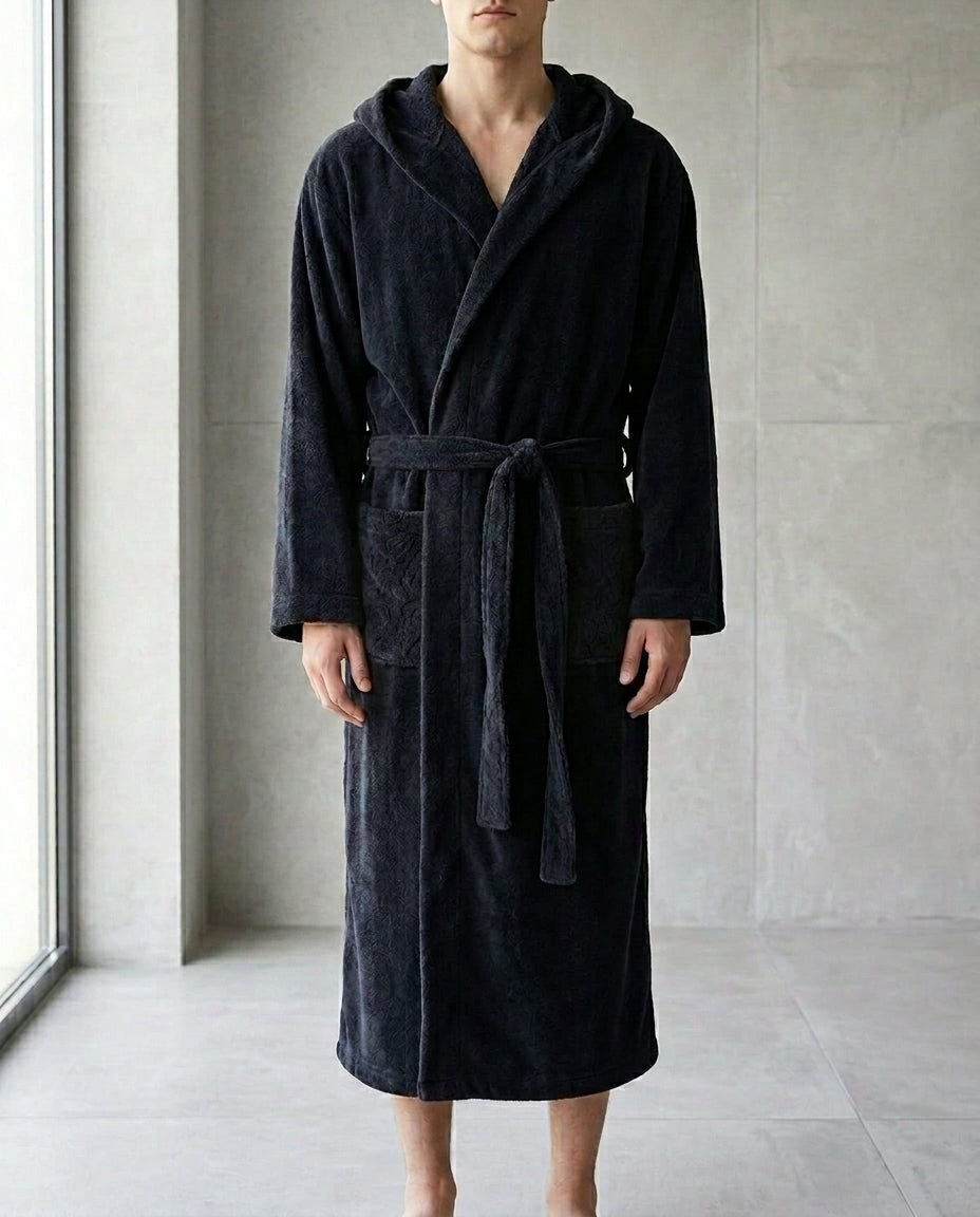 Men's Flannel Hooded Robe | Long Warm Bathrobe