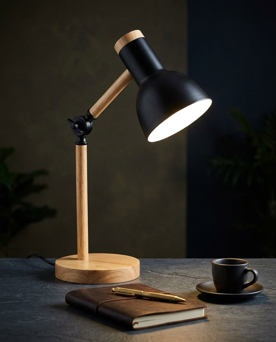 Nordic Wood LED Desk Lamp – Adjustable Arm & Touch Dimmer