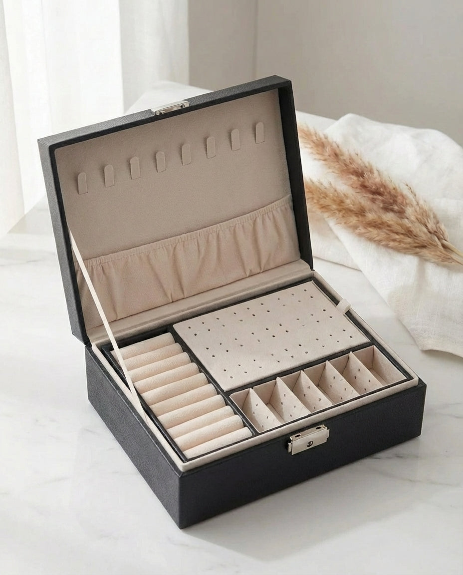 Double-Layer Leather Jewellery Box | Lockable Organiser
