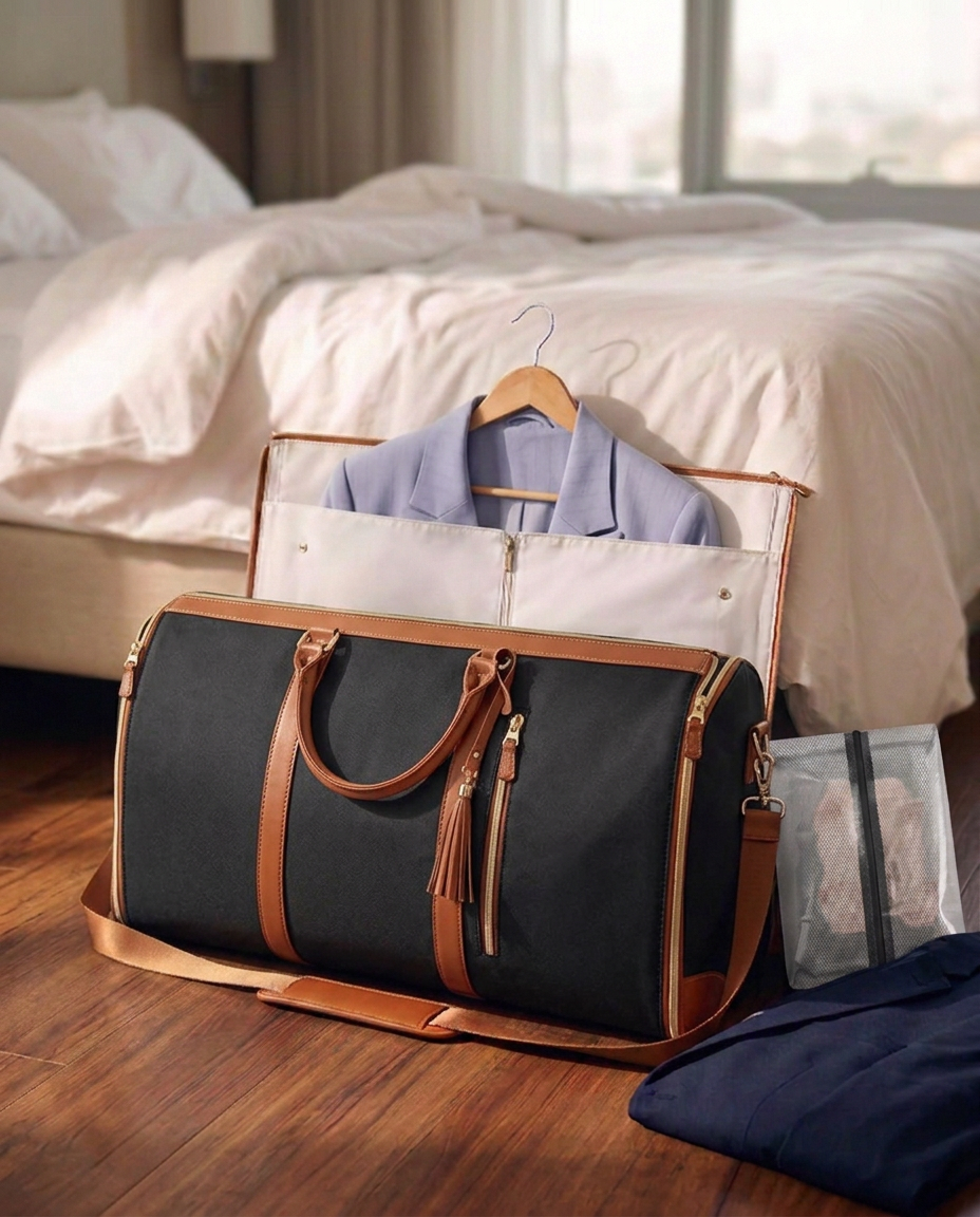 Garment Carry Bag – Foldable PU Leather Weekend Holdall