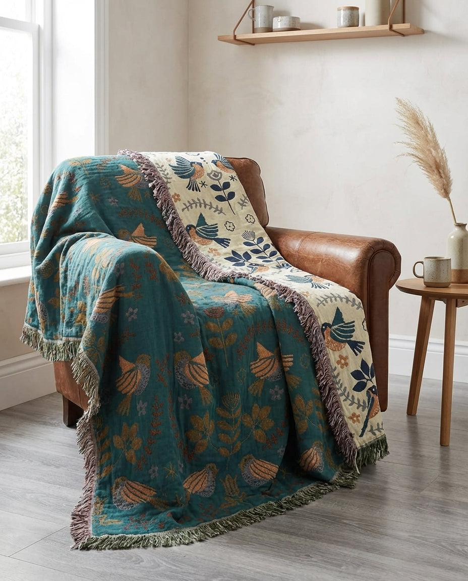 Reversible Scandinavian Throw Blanket | Bird Print
