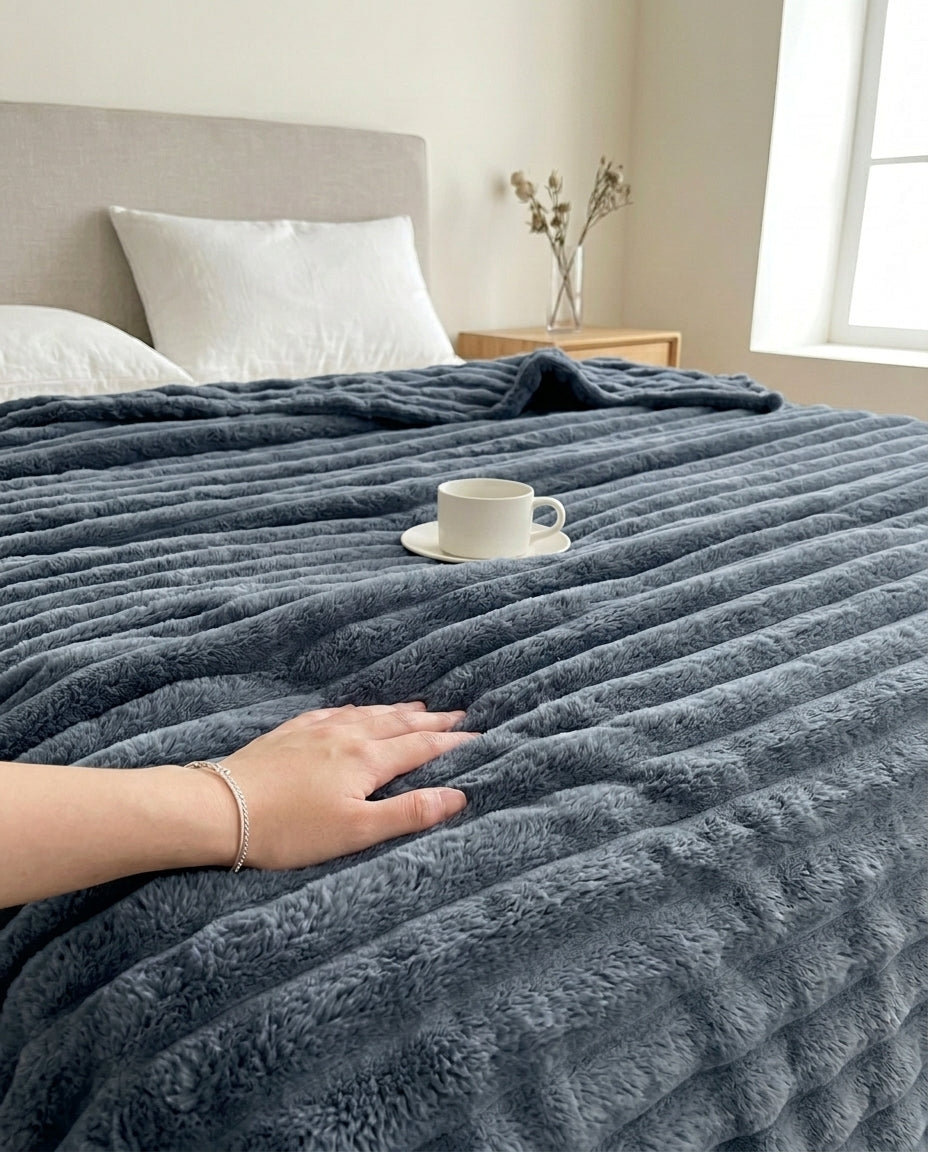Faux Rabbit Fur Striped Throw Blanket | Soft & Warm