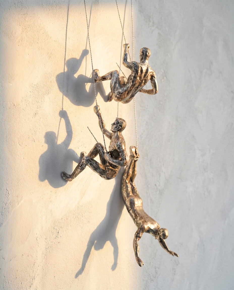 Climbing Man Wall Art Set | 3-Piece Resin Sculpture Decor