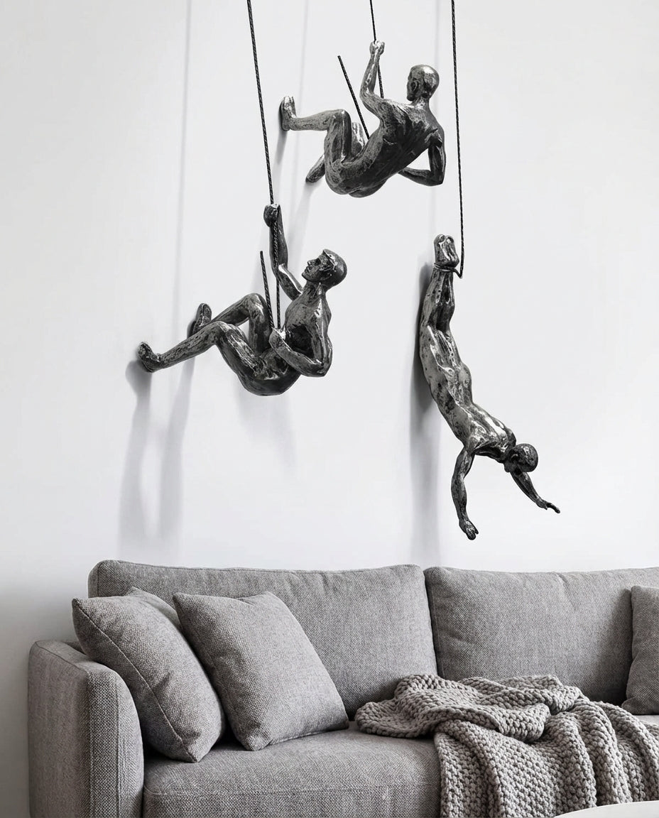 Climbing Man Wall Art Set | 3-Piece Resin Sculpture Decor