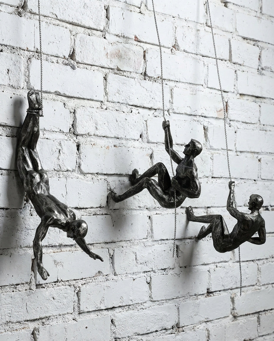 Climbing Man Wall Art Set | 3-Piece Resin Sculpture Decor